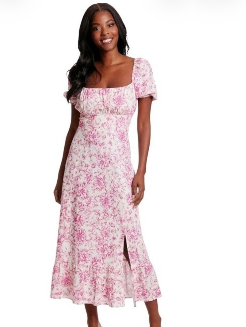 London Times Pink Floral Midi Dress with Square Neck